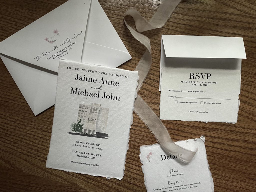 custom wedding invitation suite with watercolor of the Hay Adams hotel in DC