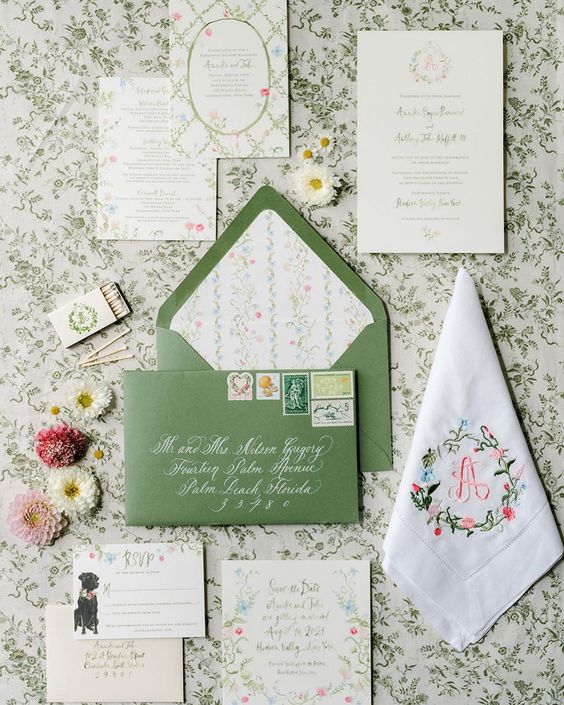 wedding invitation suite with watercolor florals on a patterned background with an embroidered handkerchief 