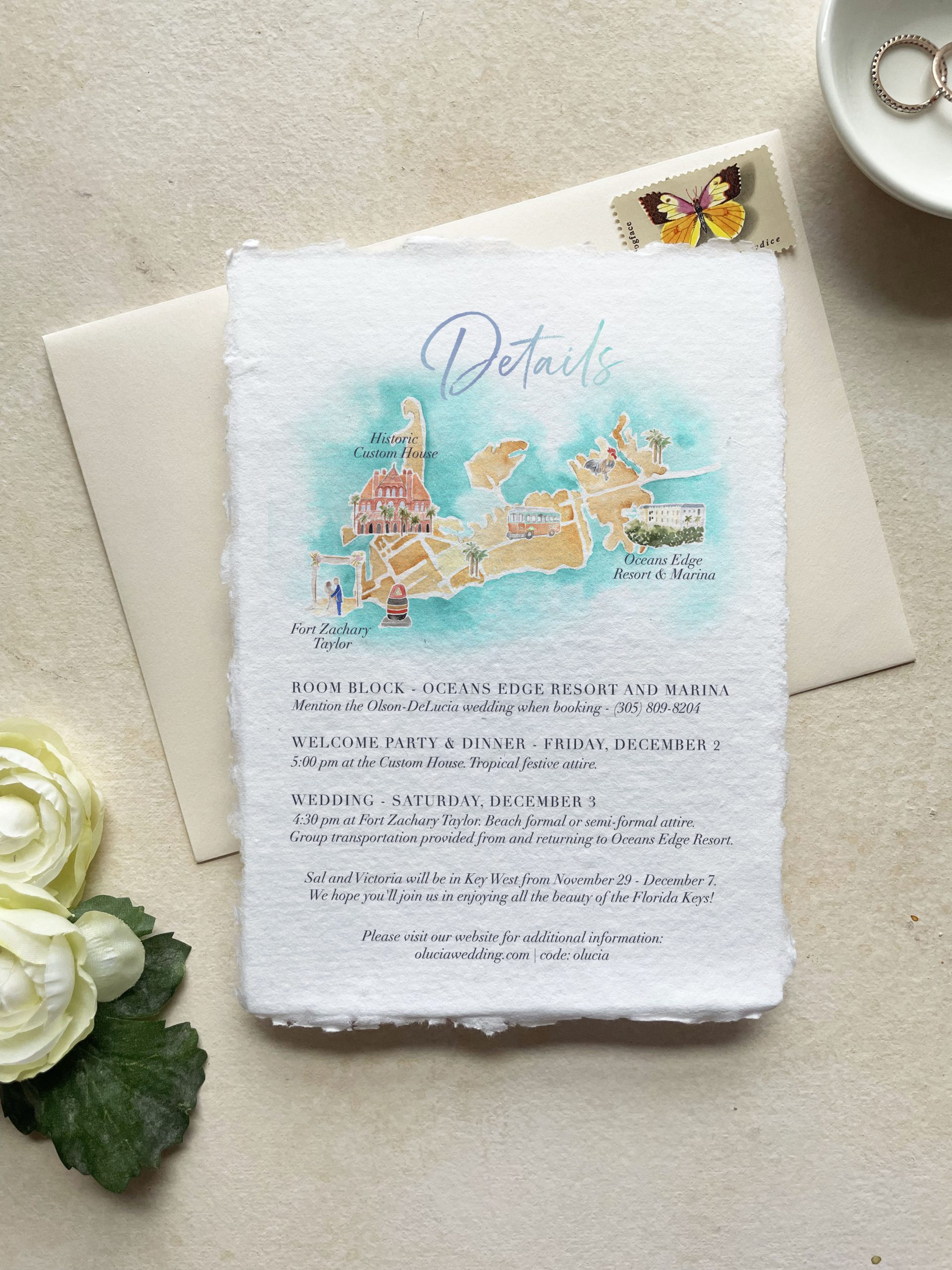 hand holding custom watercolor map details card for wedding